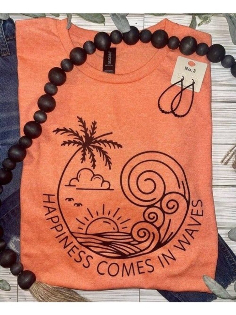 Happiness Comes In Waves Graphic Tee Gildan Softstyle Large Peach Heather Cotton